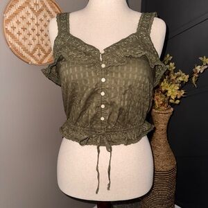 AMERICAN EAGLE Olive Green Button-Down Lace CROP Top, WOMENS M